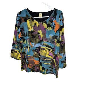 Jess & Jane Top L Masterpiece Art To Wear Colorful Pullover 3/4 Sleeve T Shirt